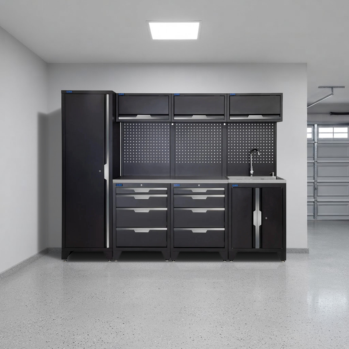 SGS 10pc Modular Garage Storage | 8 Drawers | Stainless Steel Worktop | Tall Single Cabinet | Sink Unit | 3x Upper Cabinets